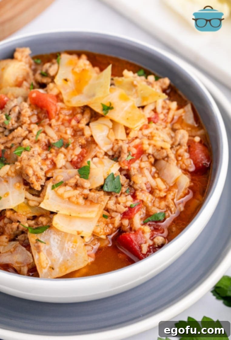 A pot of Cabbage Roll Soup simmering on the stove, lid on, cooking until rice is tender.