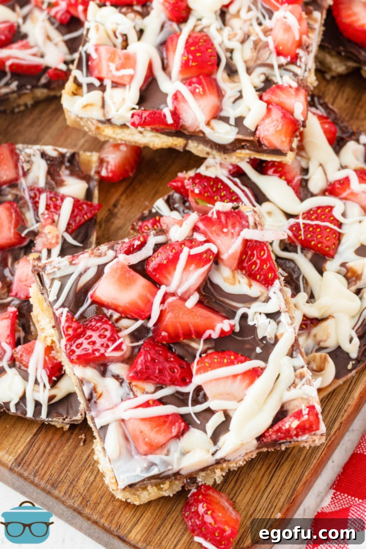 Decadent Strawberry Chocolate Bark 2 A few pieces of Chocolate Covered Strawberry Bark arranged enticingly.