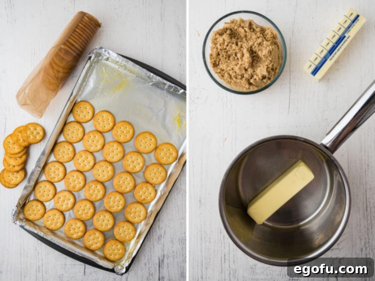 Decadent Strawberry Chocolate Bark 5 A foil lined pan with Ritz crackers neatly arranged and a pot with a stick of butter melting, illustrating the initial steps.