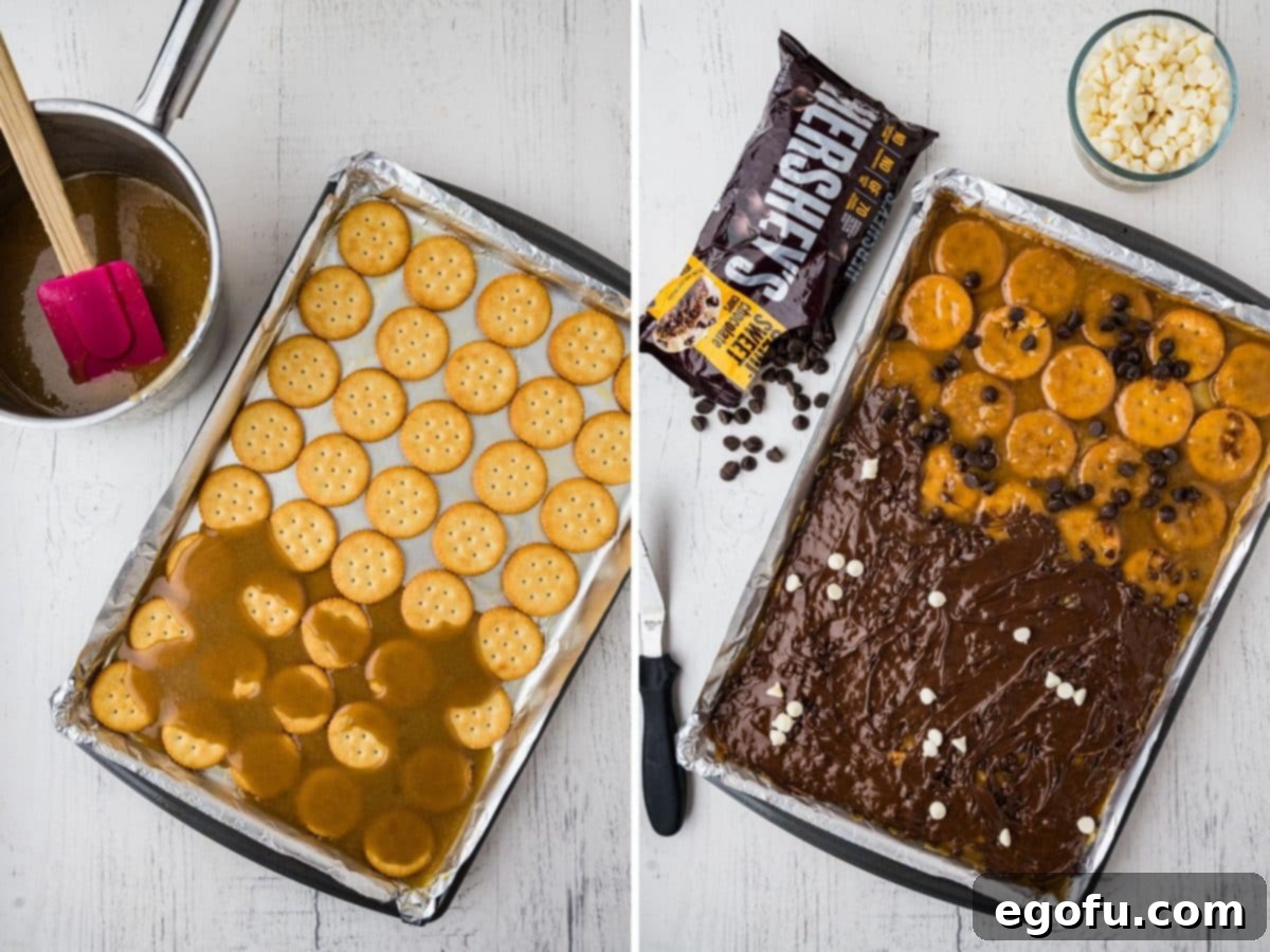 Decadent Strawberry Chocolate Bark 6 A visual progression from crackers with melted caramel to crackers with caramel and a layer of semi-sweet chocolate.