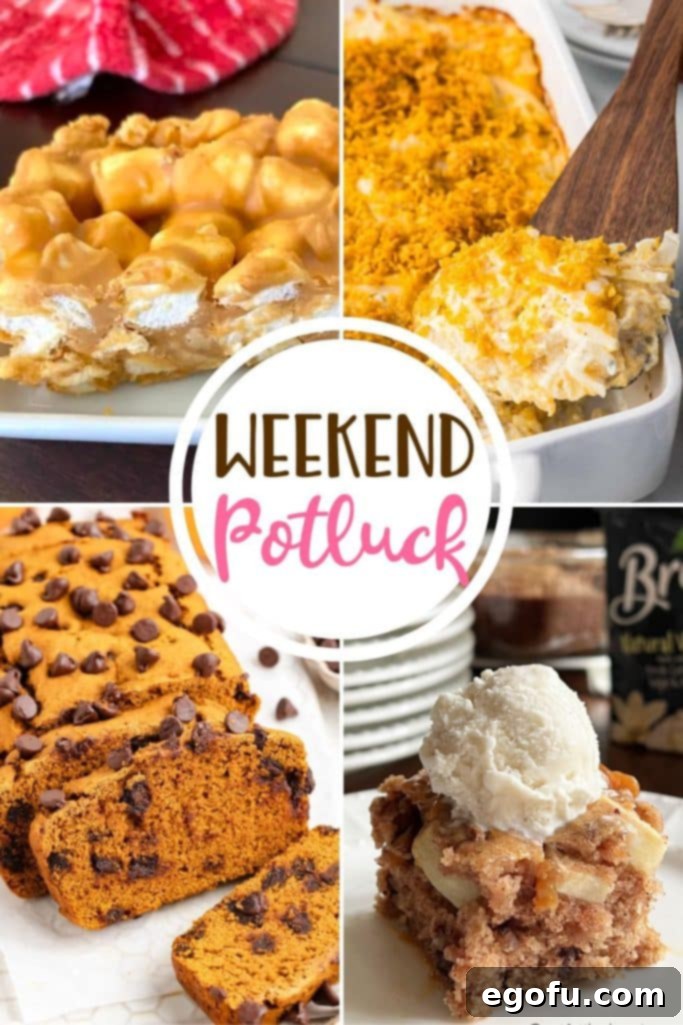 A collage of featured potluck recipes: No-Bake Peanut Butter Marshmallow Bars, Cheesy Hashbrown Casserole, 3 Ingredient Pumpkin Bread, and Fresh Apple Crazy Cake.