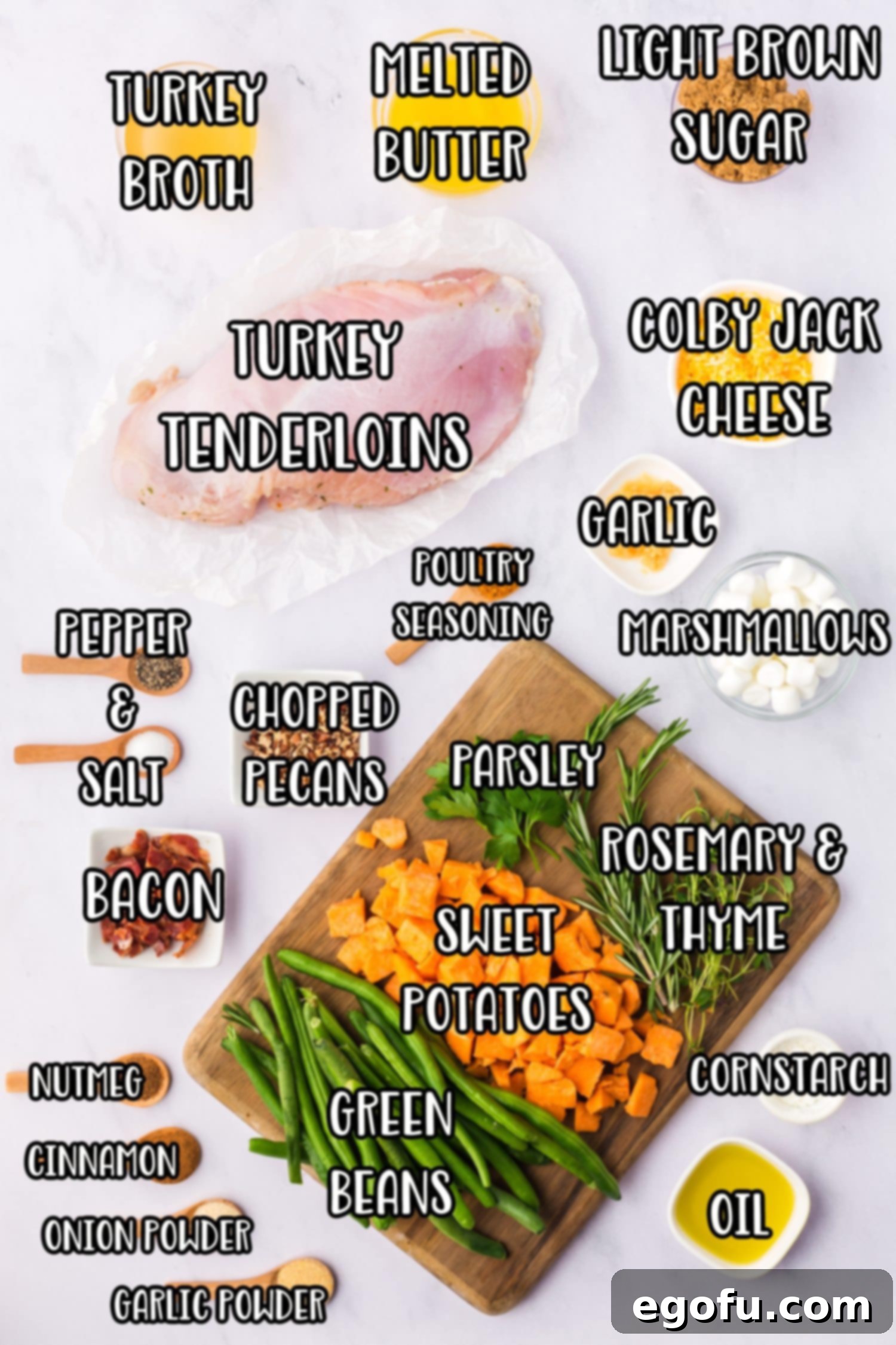 All the fresh ingredients laid out: turkey tenderloins, green beans, sweet potatoes, butter, brown sugar, spices, marshmallows, pecans, olive oil, cheese, bacon, and gravy ingredients.