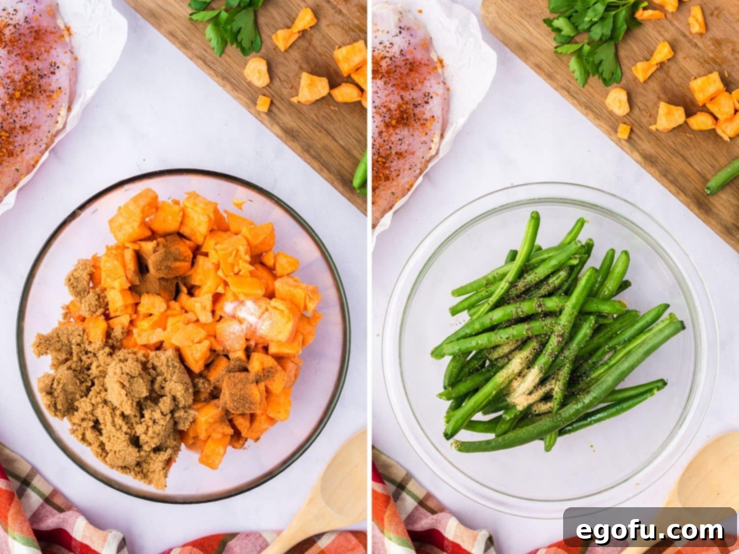 Two bowls side-by-side: one with seasoned sweet potatoes and another with seasoned green beans, both ready for the sheet pan.