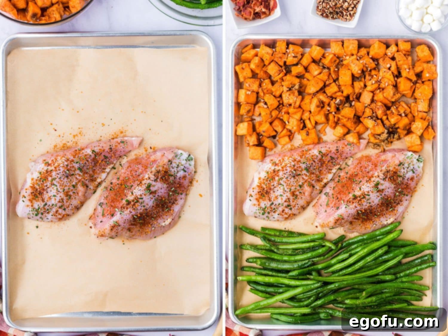 Two images: first, seasoned turkey tenderloins centered on a sheet pan; second, the entire sheet pan meal arranged before baking.