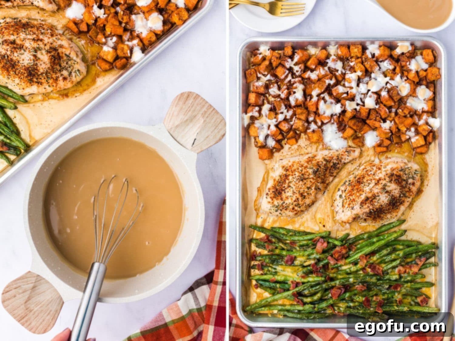 Two images: first, a saucepan with homemade gravy and a whisk; second, the finished sheet pan dinner drizzled with gravy and garnished.
