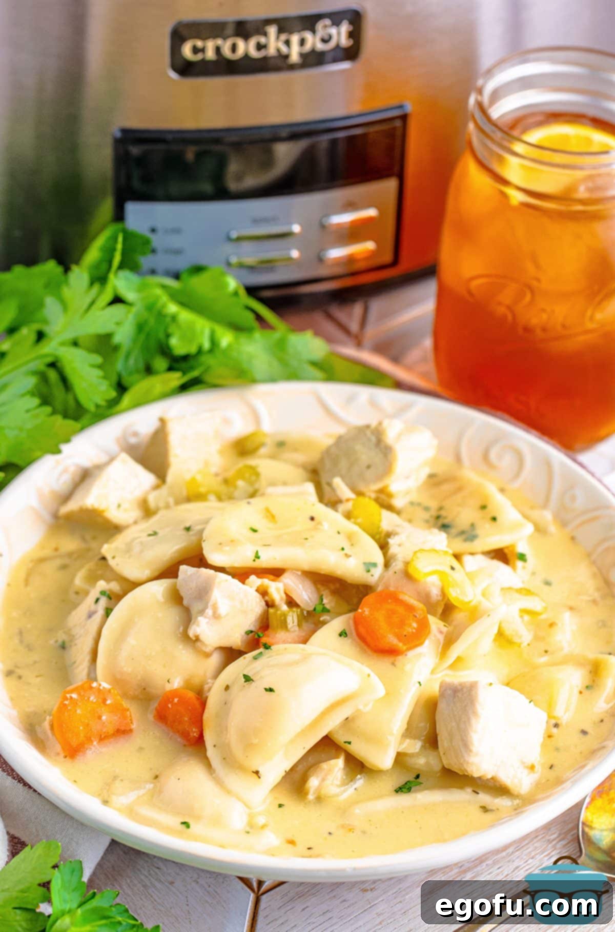 A big white bowl of Crock Pot Chicken Pierogi Stew, garnished with fresh herbs, showcasing its rich and creamy texture.