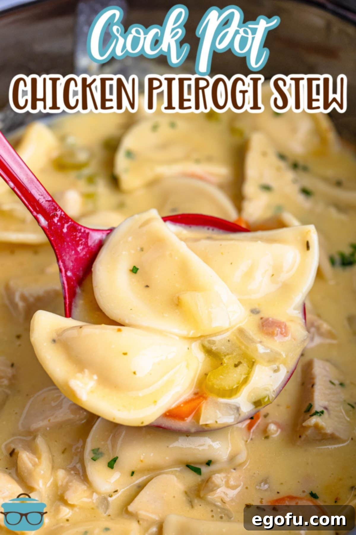 A ladle expertly scooping a generous portion of rich Chicken Pierogi Stew, highlighting its creamy broth and abundant ingredients.