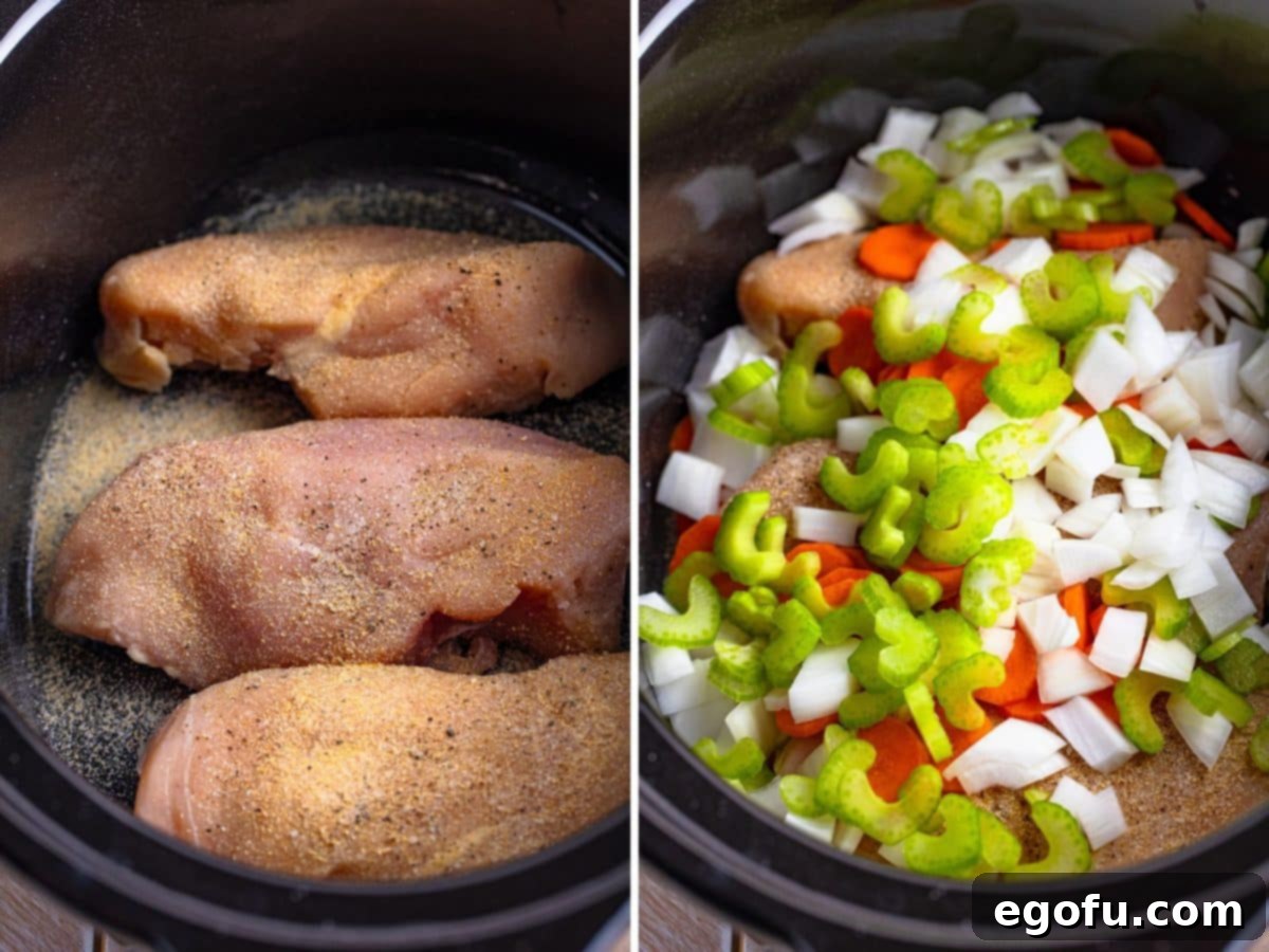 Seasoned chicken breasts nestled in the bottom of a slow cooker, ready for the next layer of ingredients.
