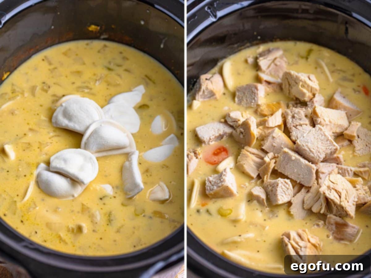 Plump mini pierogies floating in the rich, creamy stew, just before being fully cooked and combined.