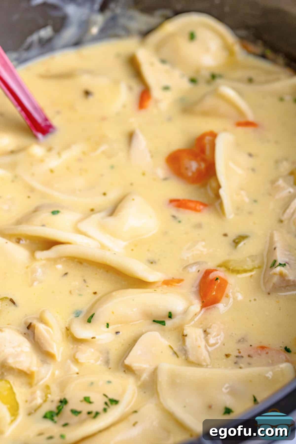 A close-up view of the finished Crock Pot Chicken Pierogi Stew, ready to be served, highlighting its comforting warmth and texture.