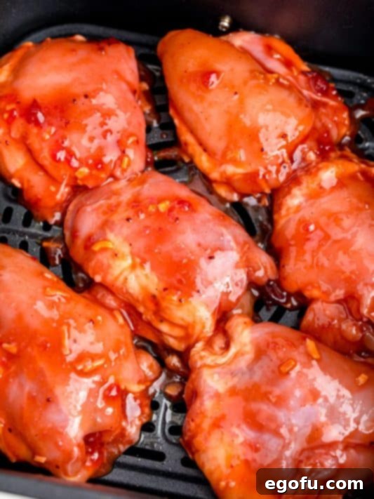 Chicken thighs in an Air fryer basket.