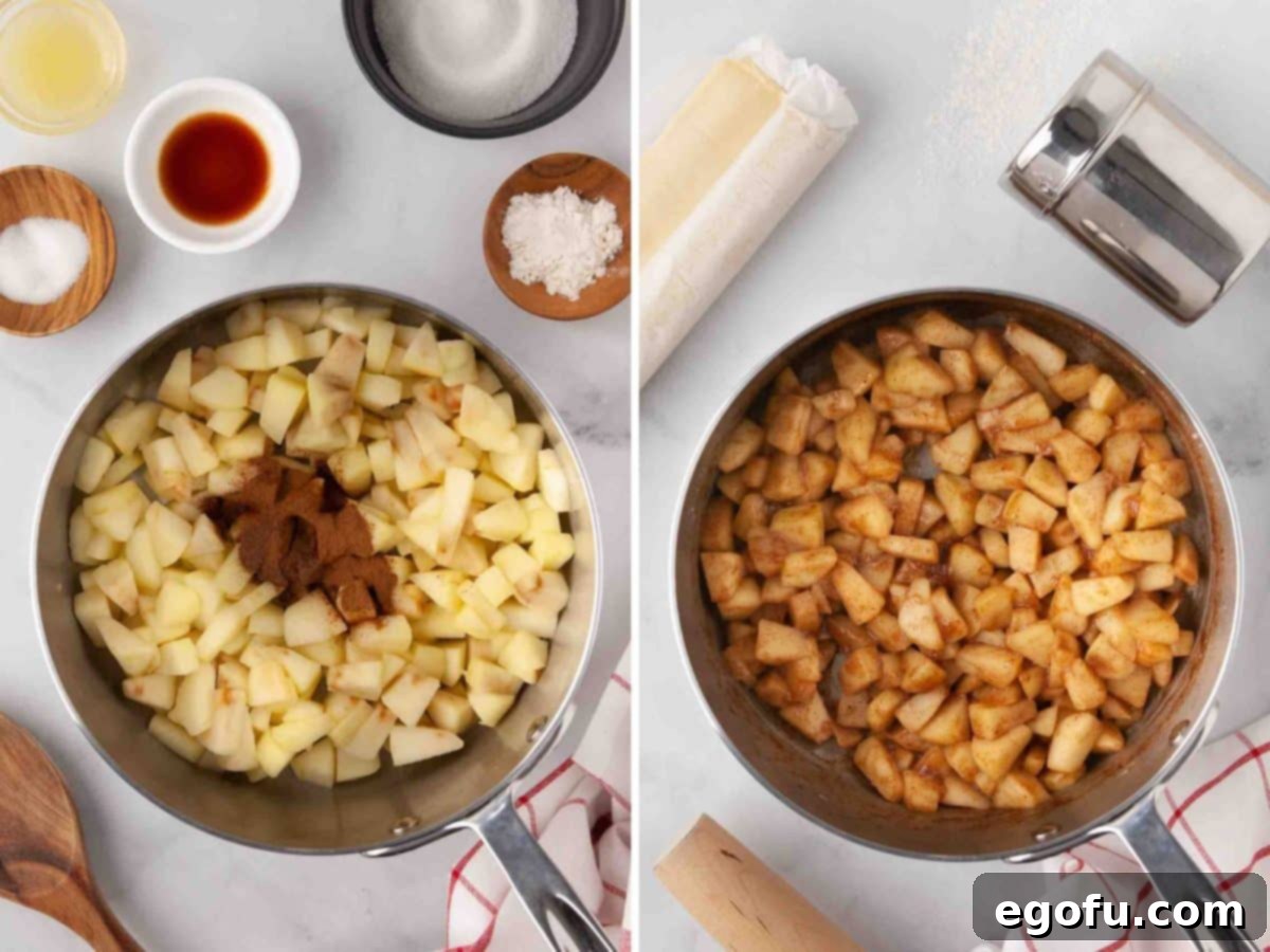 A pan with apples and cinnamon cooking, alongside a pan with perfectly cooked cinnamon-coated apples, illustrating the transformation of the filling.