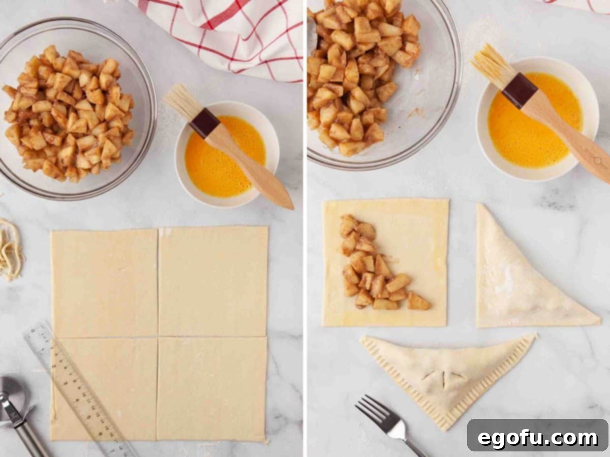 Puff pastry rolled out and precisely cut into squares, with another piece of pastry being filled with apple mixture, showing the assembly process.