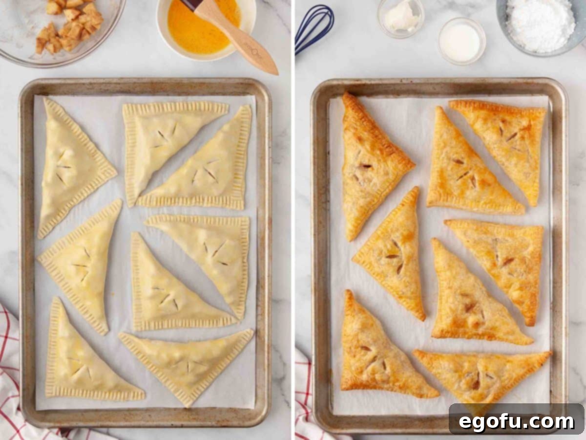 Uncooked Apple Turnovers neatly arranged on a parchment-lined baking sheet, and a separate sheet pan filled with golden-brown baked Apple Turnovers.