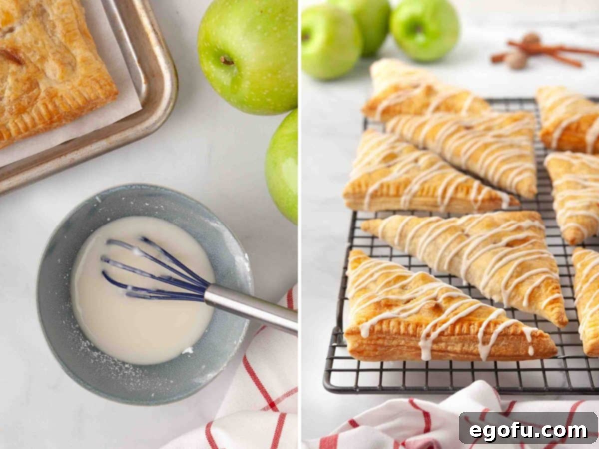 A bowl with a whisk for making the cream cheese glaze, and a rack of glazed Apple Turnovers showcasing the finished product.