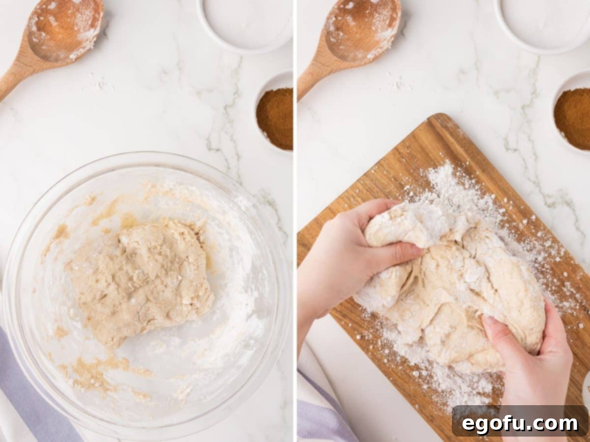 One image shows pretzel dough in a mixing bowl, while another shows hands actively kneading the dough on a wooden board.