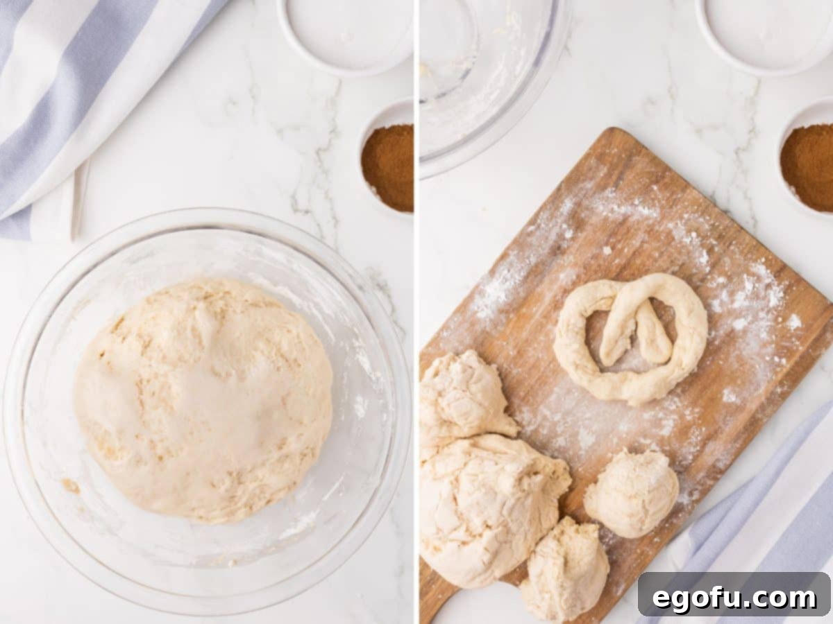 A bowl of proofed bread dough and a few dough balls with one shaped pretzel.