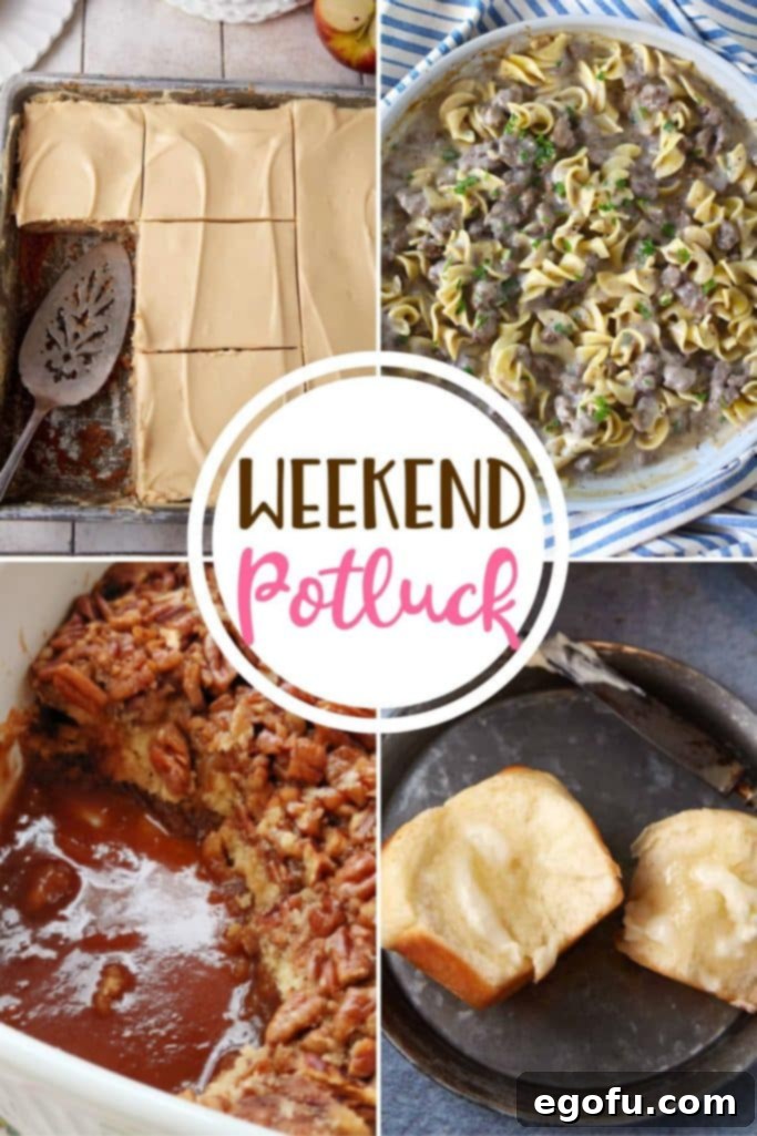 Potluck Perfection: Simple Apple Sheet Cake 2 Weekend Potluck featured recipes include: Apple Sheet Cake with Caramel Frosting, Beef and Noodles with Ground Beef, Fluffy Brioche Rolls and Pecan Cobbler. A beautiful spread of homemade comfort food.