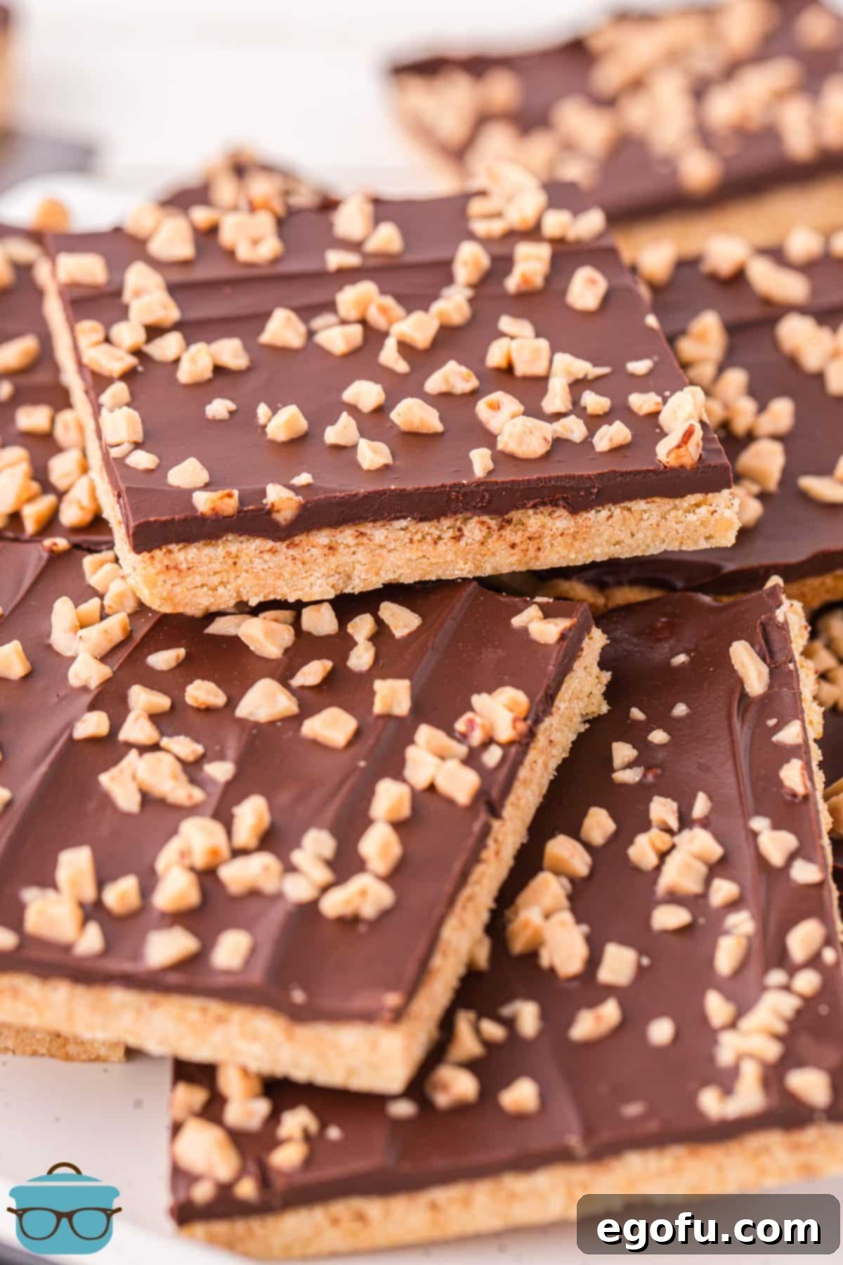 Effortless Toffee Squares 2 A few Easy Toffee Bars in a small stack.