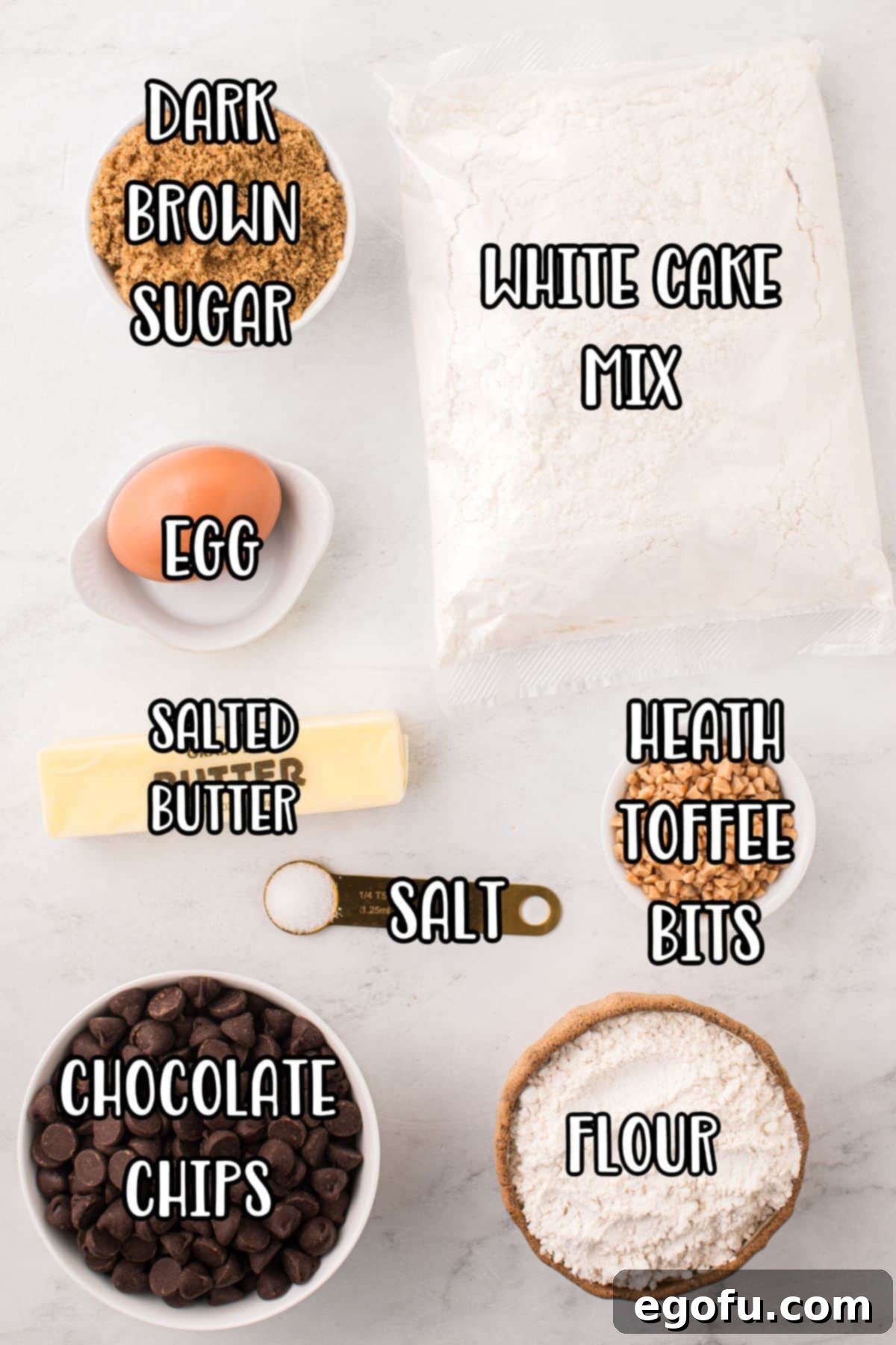 Effortless Toffee Squares 3 Dark brown sugar, white cake mix, egg, salted butter, Heath toffee bits, salt, chocolate chips, and flour.
