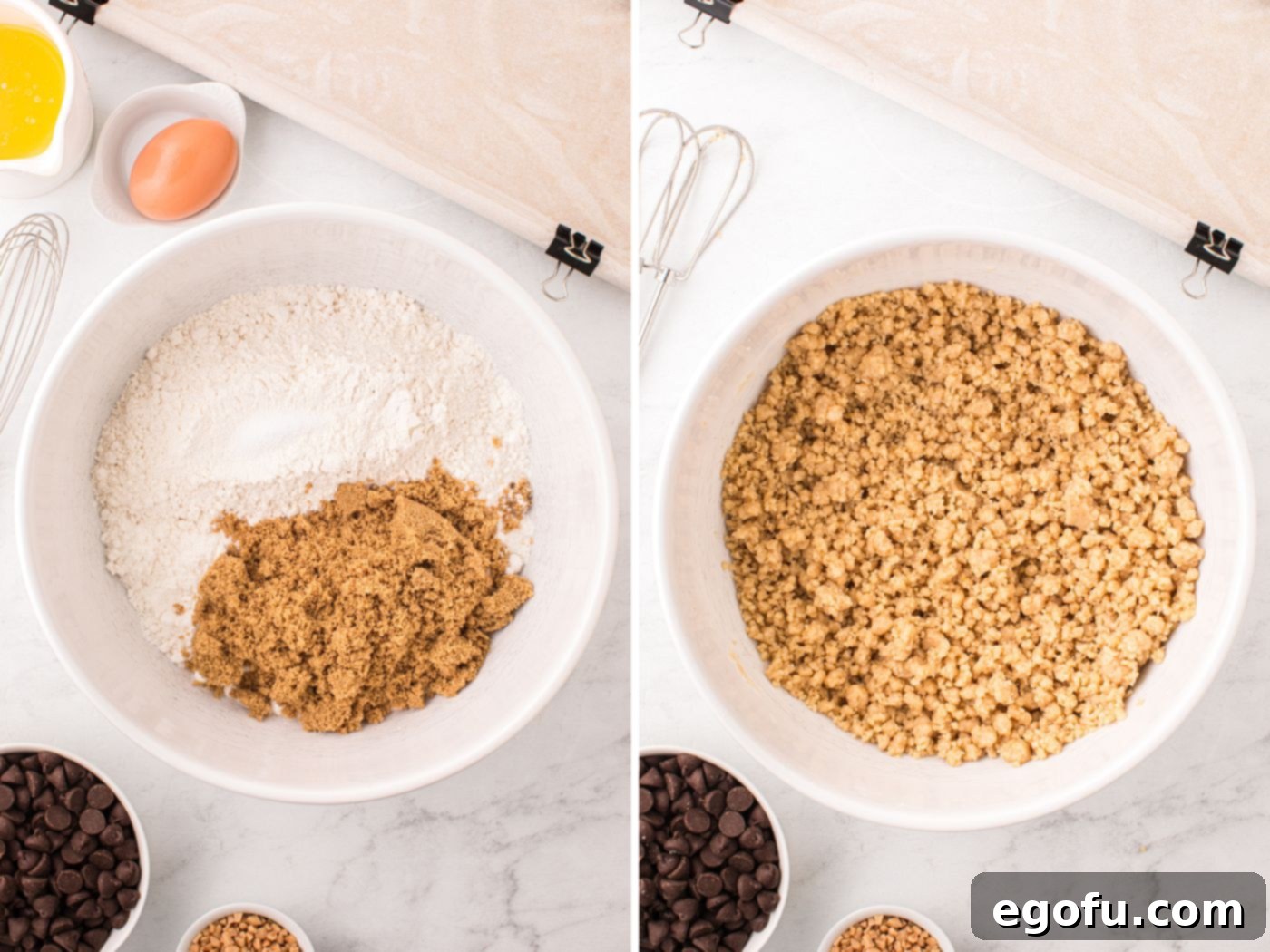 Effortless Toffee Squares 4 A mixing bowl with cake flour and dark brown sugar and a cake mix, brown sugar, and egg mixture in another bowl.