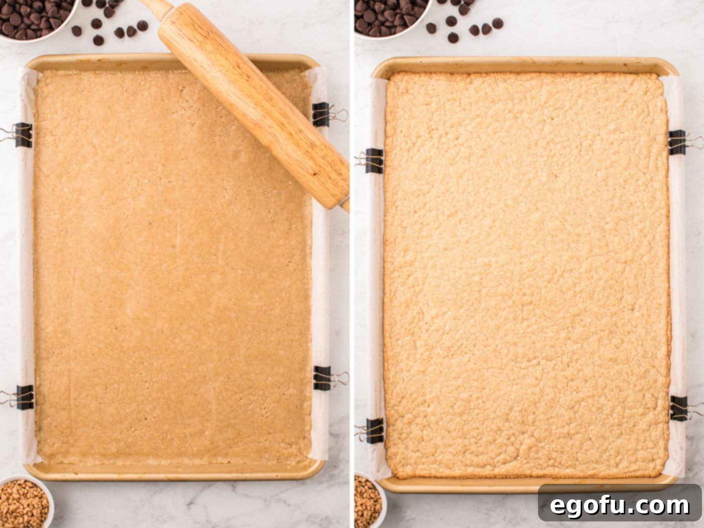 Effortless Toffee Squares 5 A layer of cake mix crust baked and one unbaked.