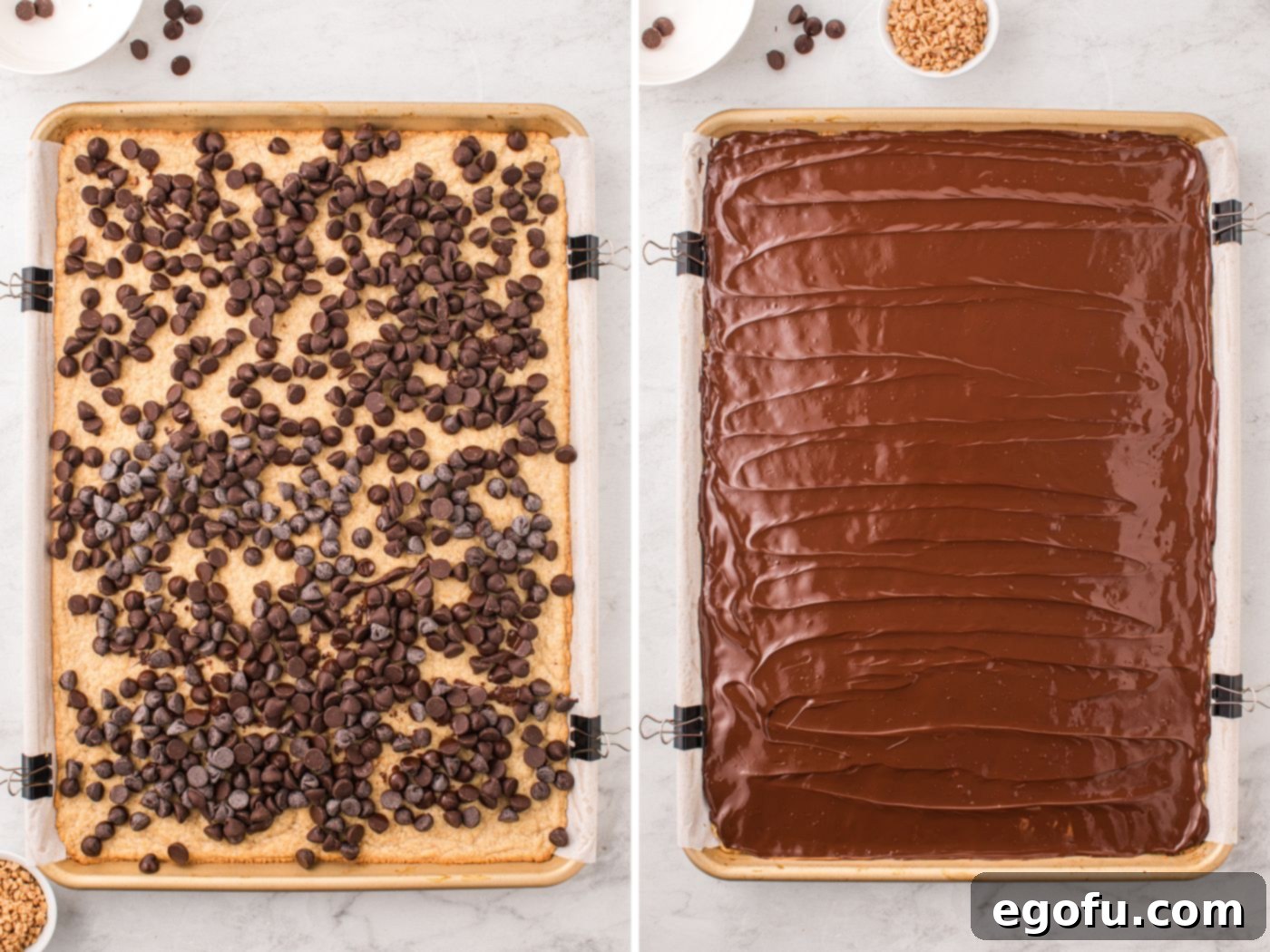 Effortless Toffee Squares 6 Chocolate chips on top of a thin cake layer and a layer of melted chocolate on top.