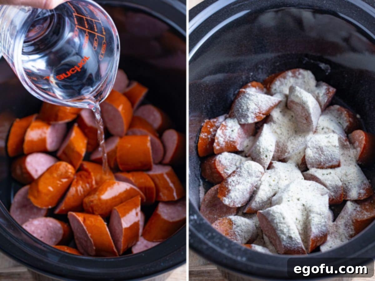 Water being poured over kielbasa in a Crock Pot and some kielbasa with ranch and au jus gravy seasoning mix.