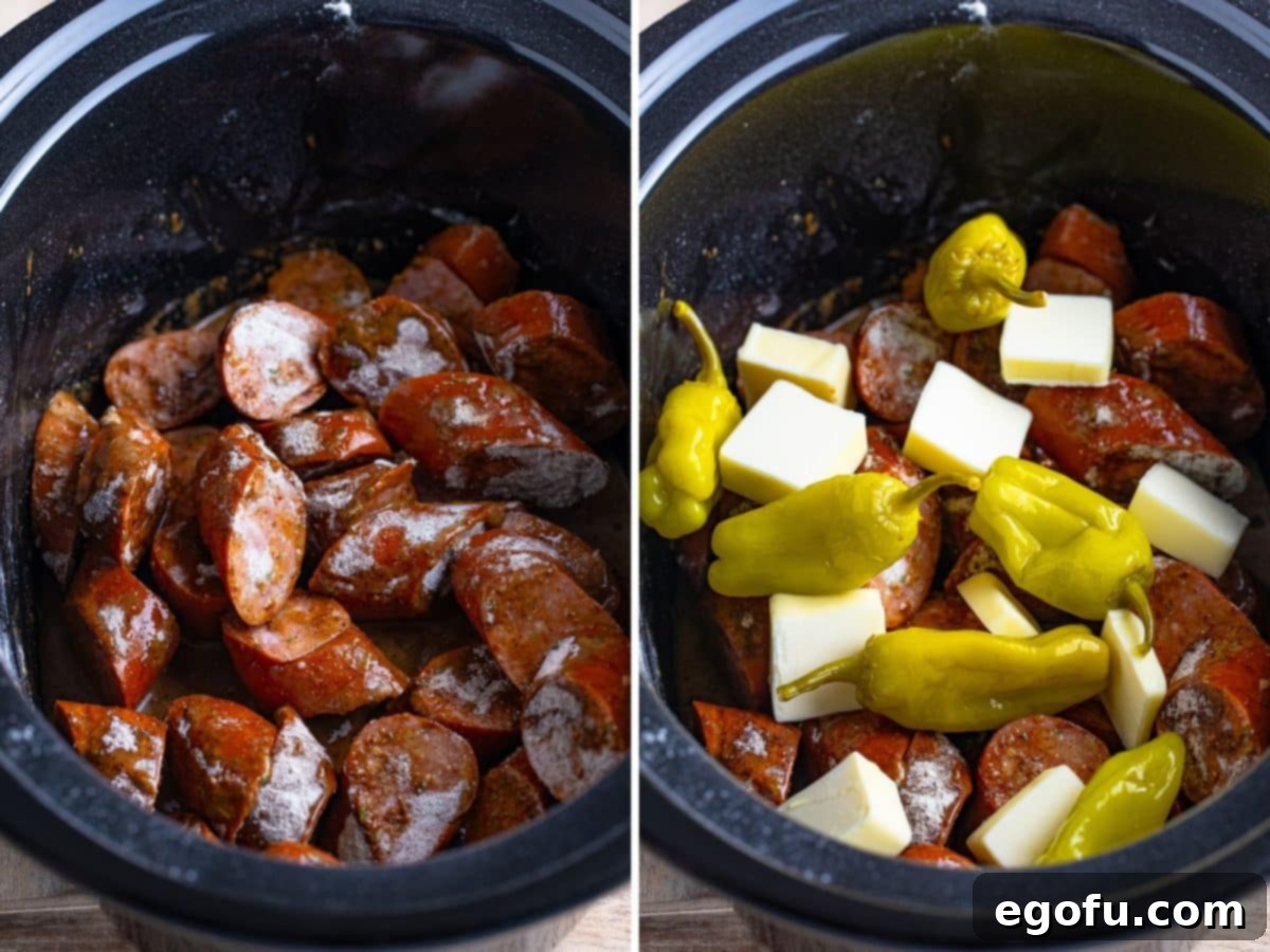 Seasoned kielbasa in a Crock Pot and a slow cooker with kielbasa, pepperoncinis and butter pads.