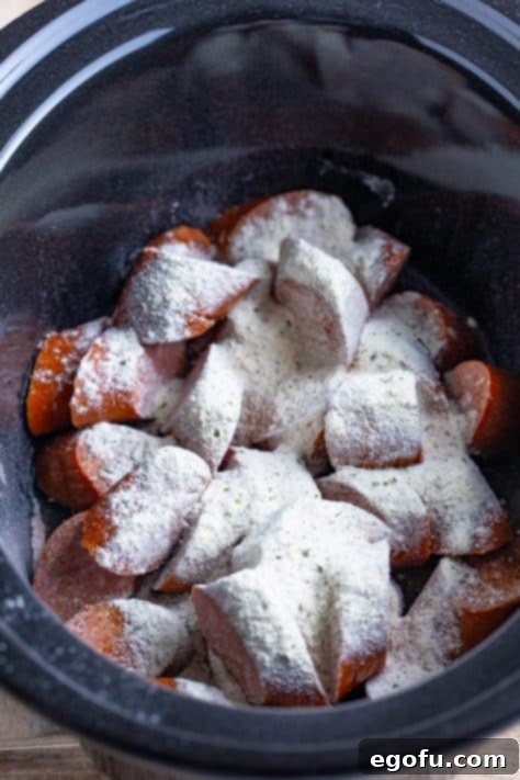 Ranch and au jus gravy coated kielbasa.