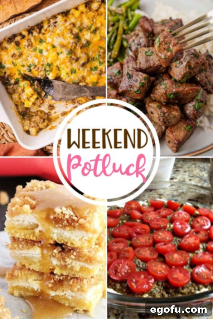 Weekend Potluck featured recipes include: 5-Ingredient Ground Beef Casserole, Creamy Apple Squares, Beef Tenderloin Tips and 3-Ingredient Caprese Dip!