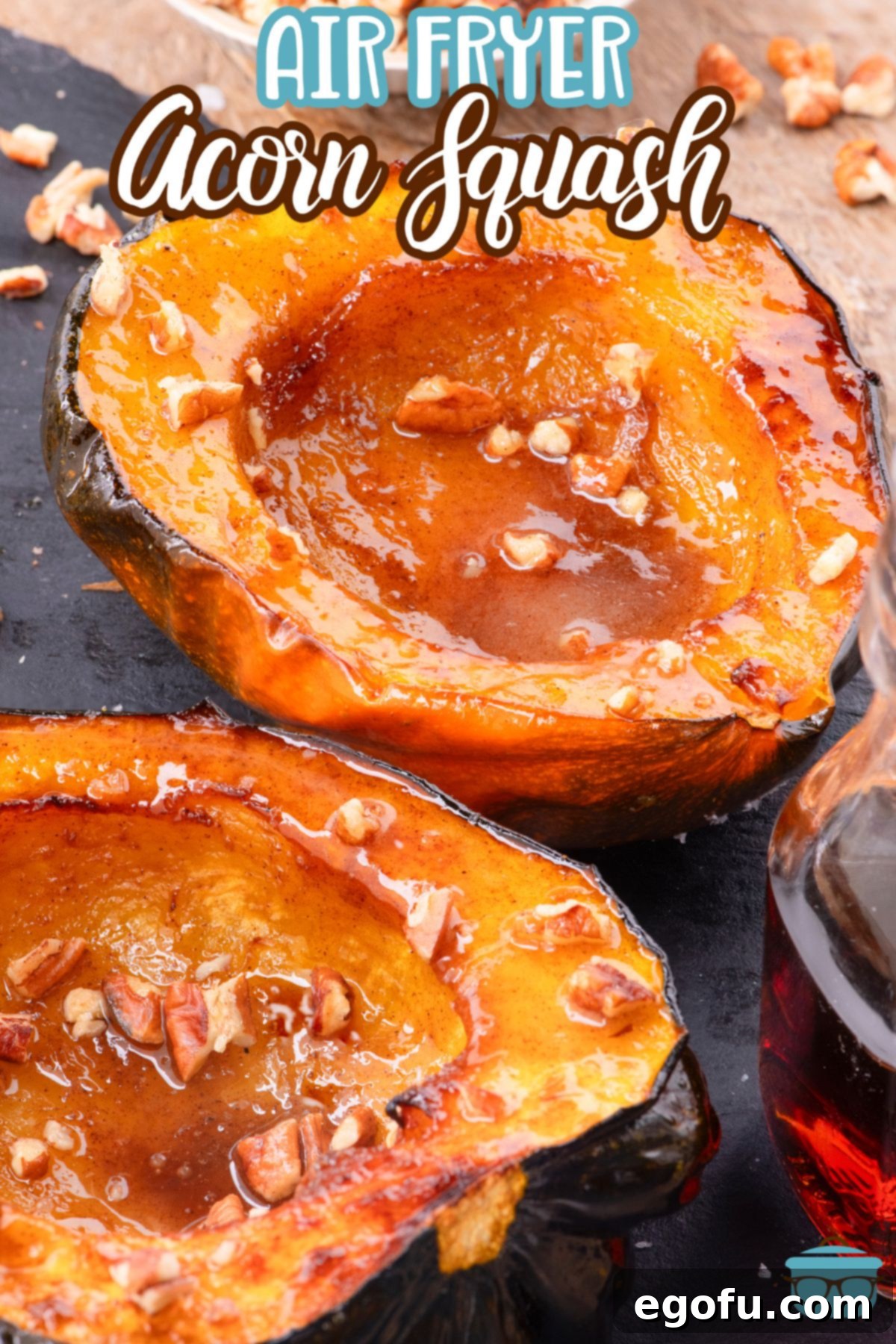 Perfectly Roasted Air Fryer Acorn Squash 3 Looking down on an open Acorn Squash that was cooked in an Air Fryer, showing its tender, golden interior and the delicious glaze.