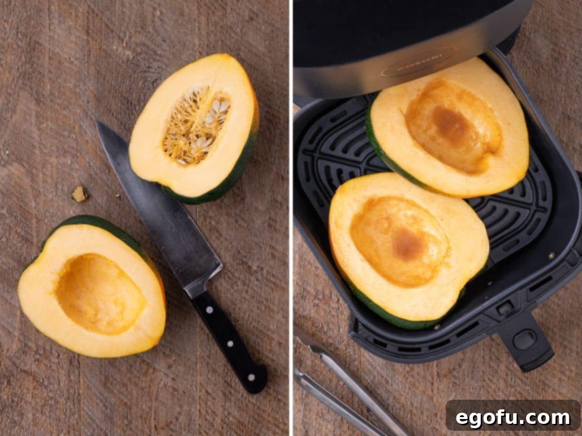Perfectly Roasted Air Fryer Acorn Squash 6 An Acorn Squash cut in half, revealing its seeds, with a separate image showing a glazed squash half placed in an Air Fryer basket, illustrating the preparation process.