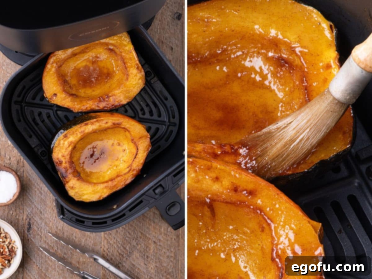 Perfectly Roasted Air Fryer Acorn Squash 7 Roasted Acorn Squash cooking in an Air Fryer, with a separate image showing a basting brush applying the butter mixture onto the squash, highlighting the cooking and basting steps.