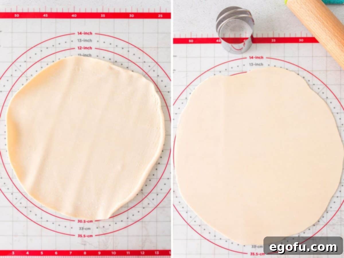 An unrolled pie crust on a baking mat next to a perfectly rolled out pie crust, ready for cutting.
