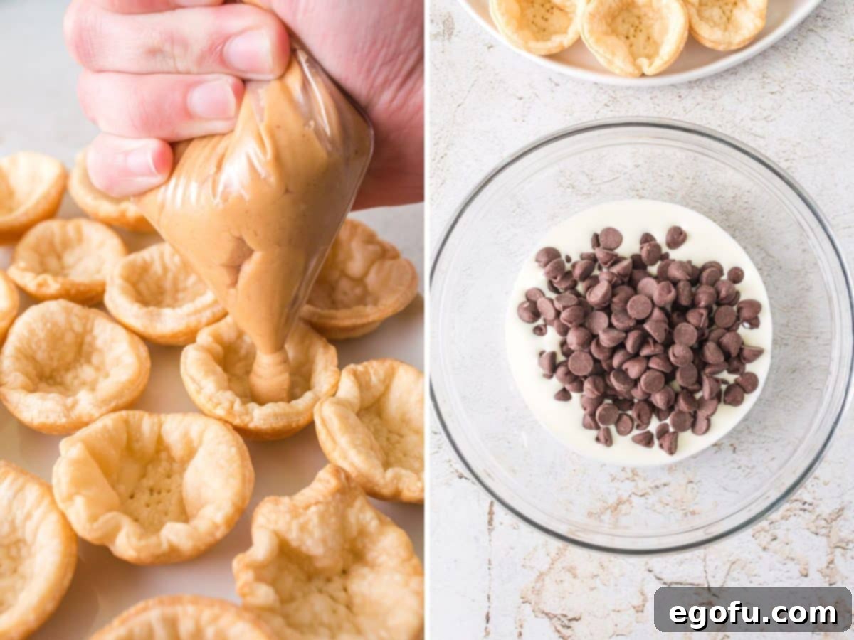 Peanut butter mixture being piped into baked pie crusts, and a separate bowl containing a chocolate chip mixture, showing the distinct layers of the mini pies.