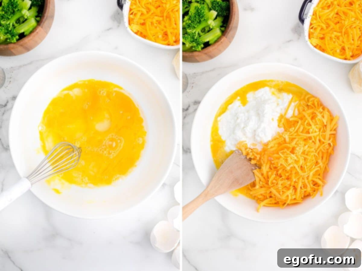 Homestyle Broccoli Cheddar Cornbread 6 A bowl of whisked eggs alongside a bowl of eggs, shredded cheese, and cottage cheese being mixed.