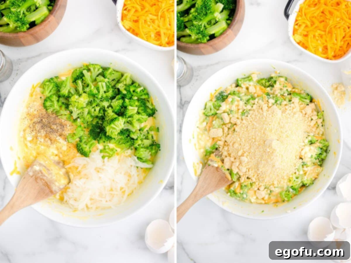 Homestyle Broccoli Cheddar Cornbread 7 Diced onion and broccoli added to wet ingredients, and cornbread mix being incorporated into the batter.