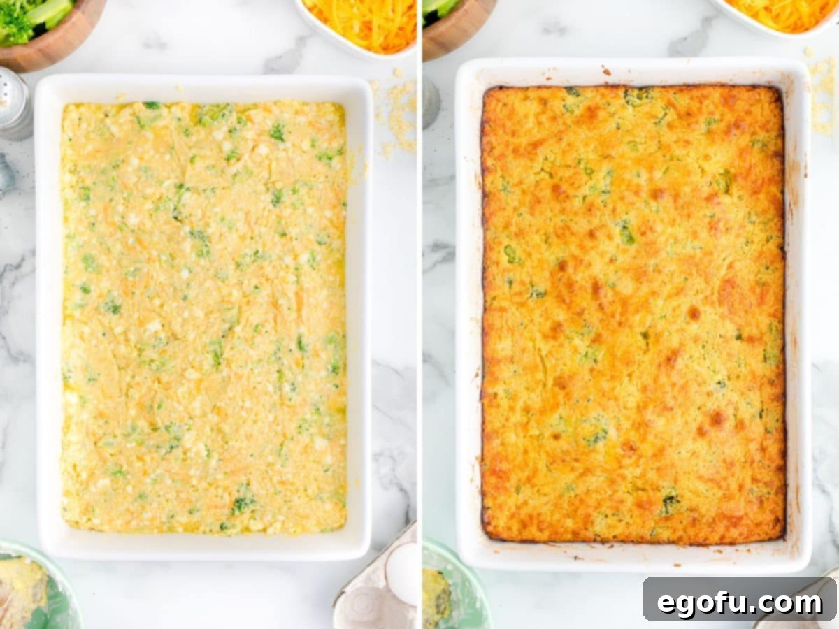 Homestyle Broccoli Cheddar Cornbread 8 Cornbread batter evenly spread in a casserole dish, and a perfectly baked Cheddar and Broccoli Cornbread ready to serve.