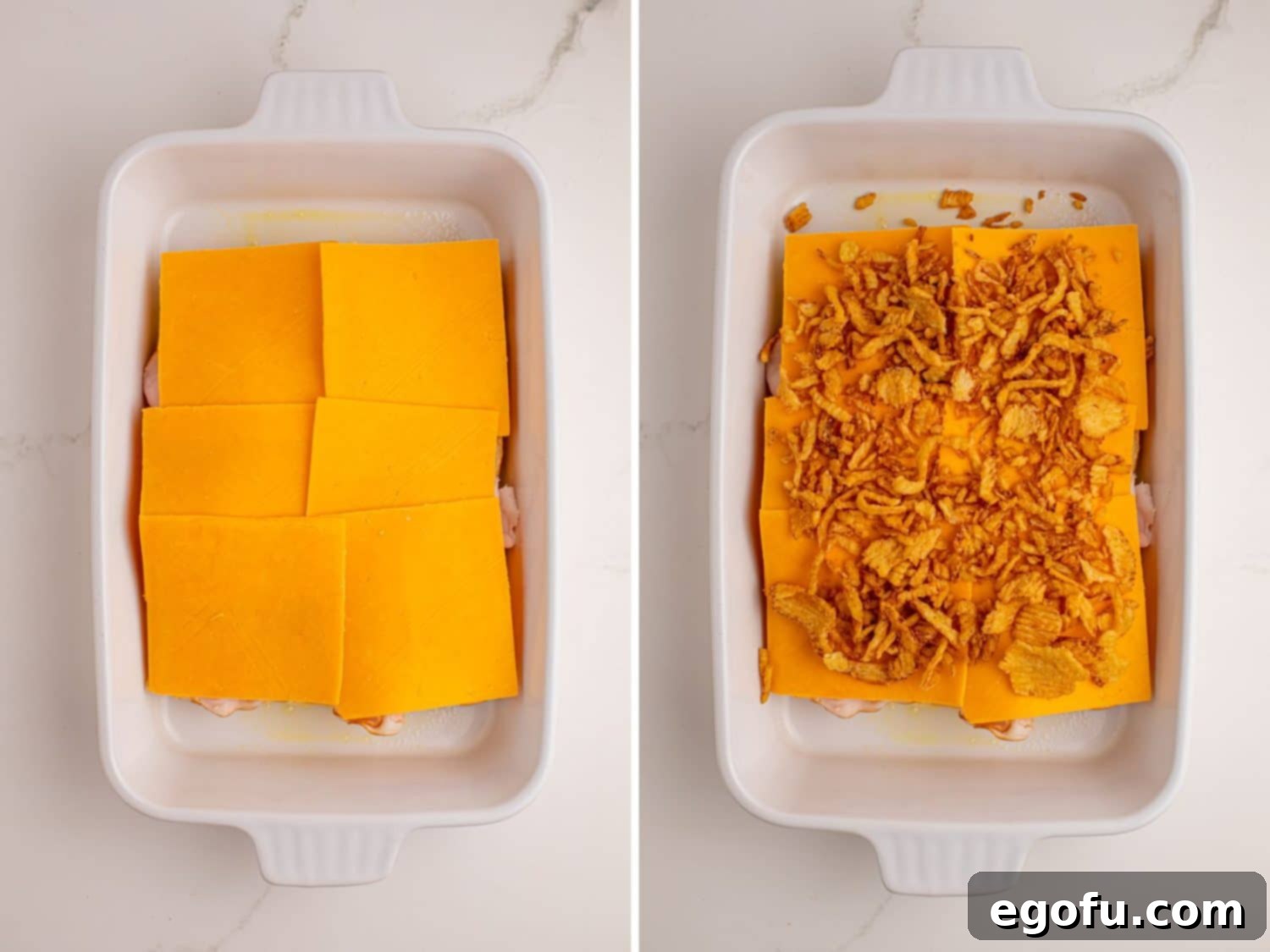 Zesty BBQ Chicken Sliders 6 Cheddar cheese over meat and bottom half of a Hawaiian roll and fried onions on top of that, showing the cheese and onion layers.