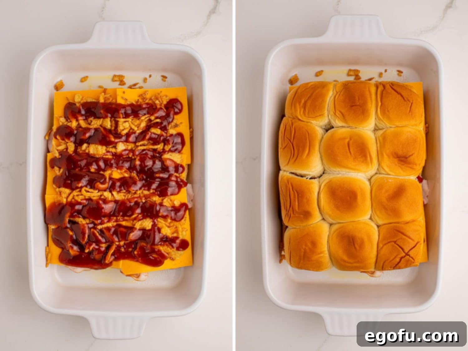 Zesty BBQ Chicken Sliders 7 BBQ sauce over fried onions, cheese, chicken, and bread and the tops of slider rolls being added to the slider sandwiches in a casserole dish, showing the final layers before topping.