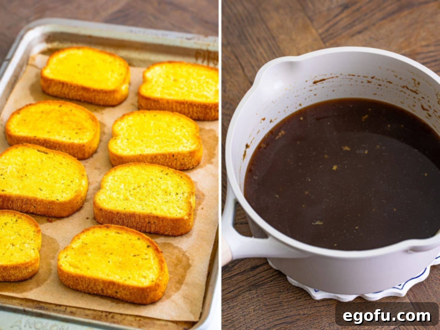 A baking sheet with golden-brown Texas Toast slices, fresh from the oven, positioned next to a small pot of simmering au jus gravy on a stovetop, indicating simultaneous preparation.