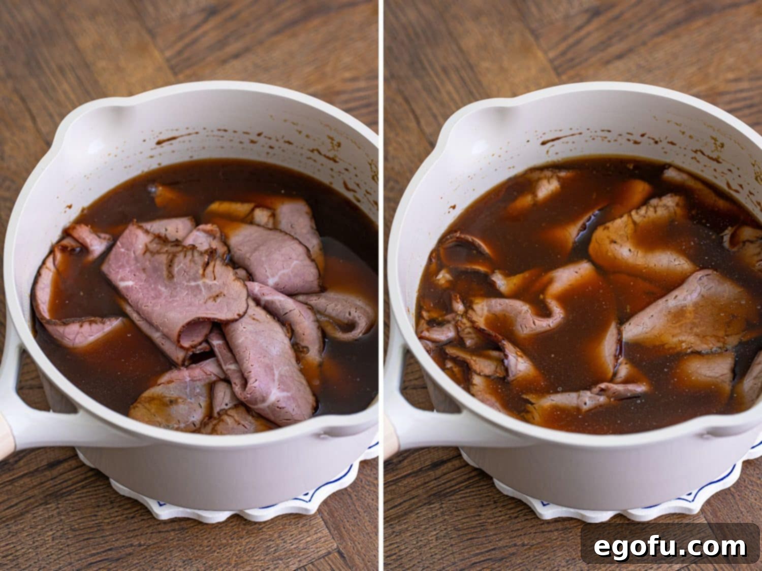 A close-up view of thinly sliced roast beef warming gently in a pot of aromatic au jus gravy, ensuring the beef is tender and flavorful for the French Dip sandwiches.