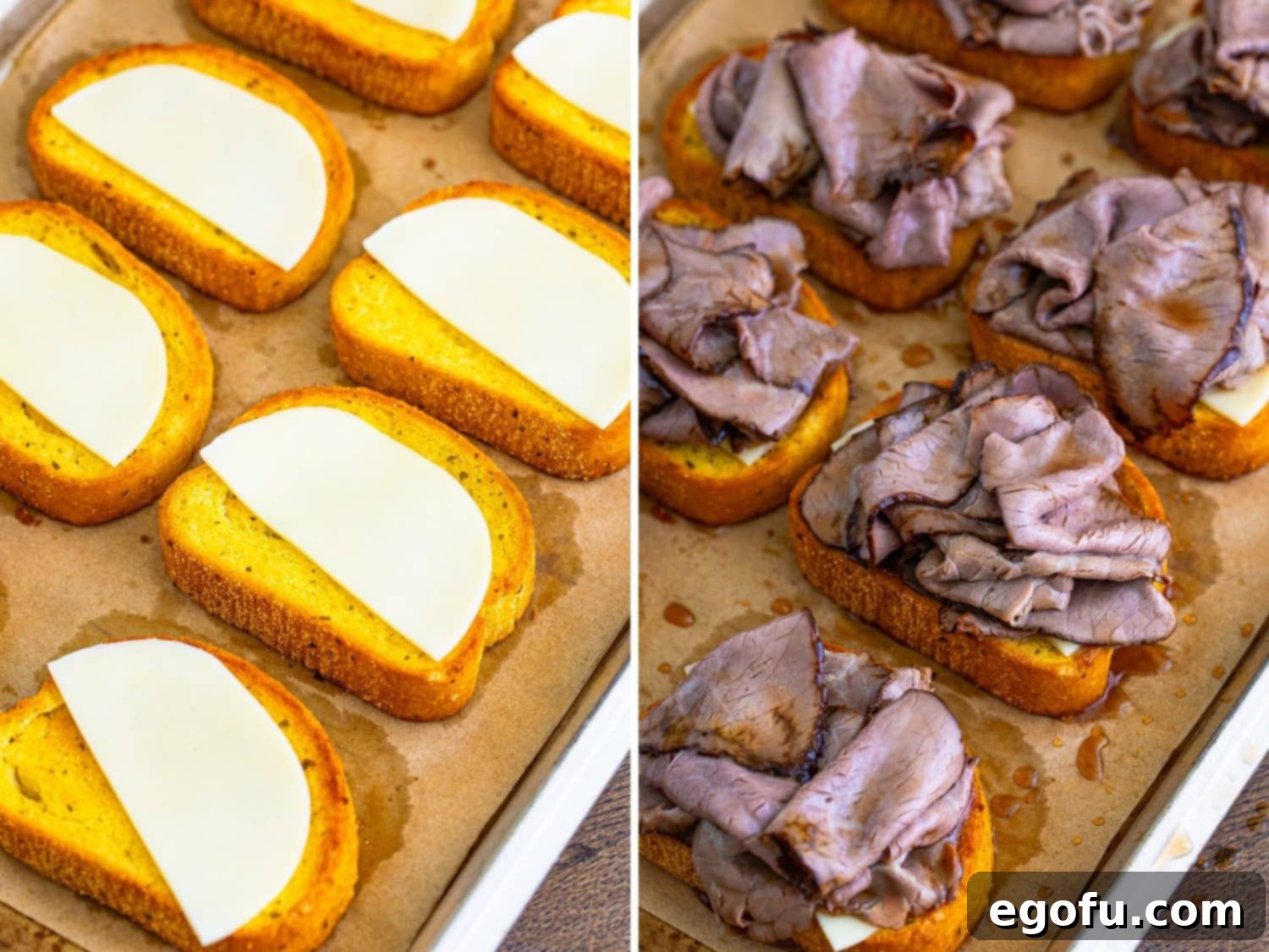 A two-part image illustrating the assembly process: Texas Toast slices first topped with provolone cheese, followed by the addition of generous layers of warm roast beef on each cheesy toast.