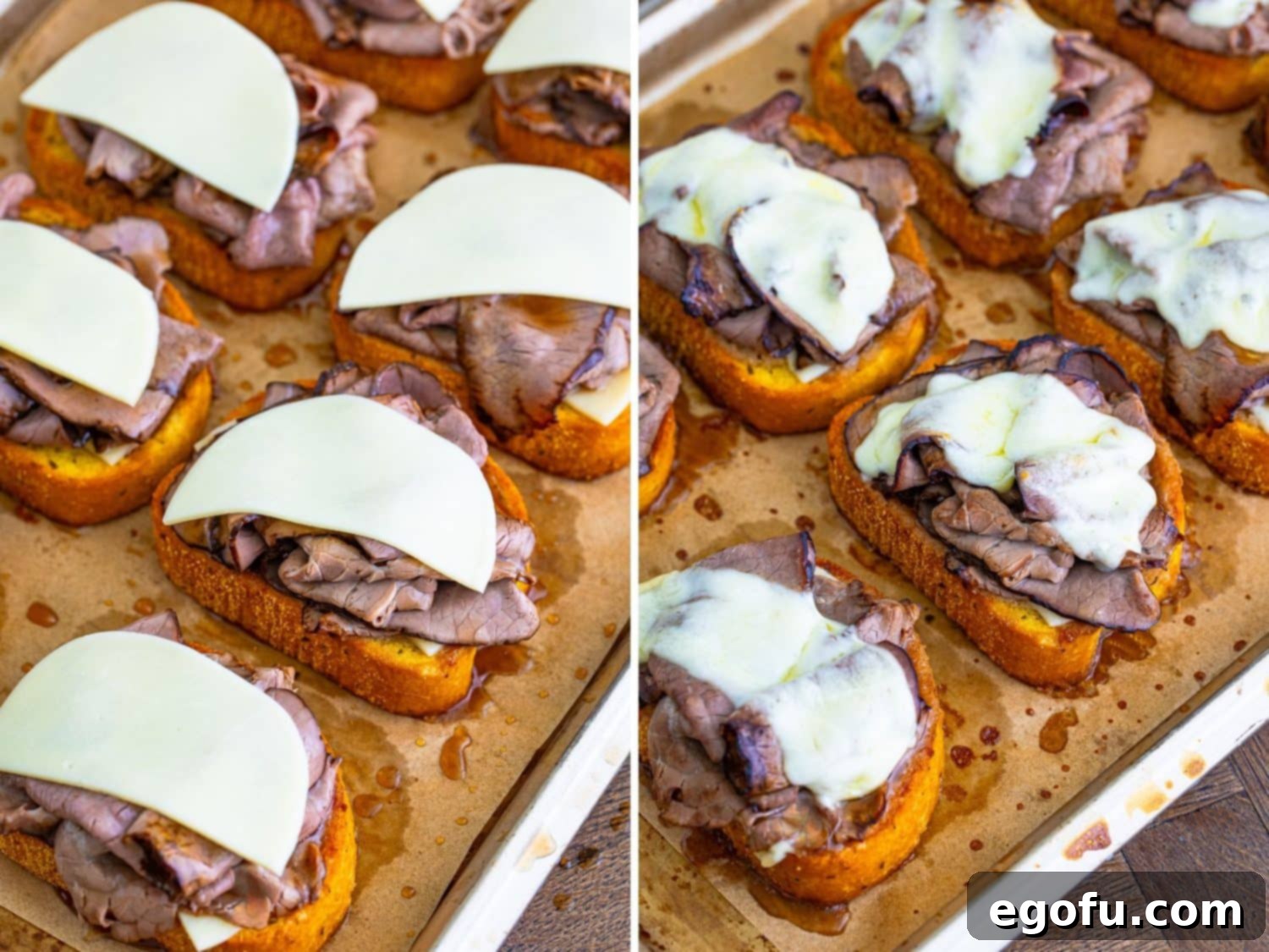 A sequential image showing the final steps of preparation: Texas Toast topped with roast beef and the last layer of provolone cheese, followed by the perfectly melted, bubbly cheese after baking, showcasing a finished French Dip.