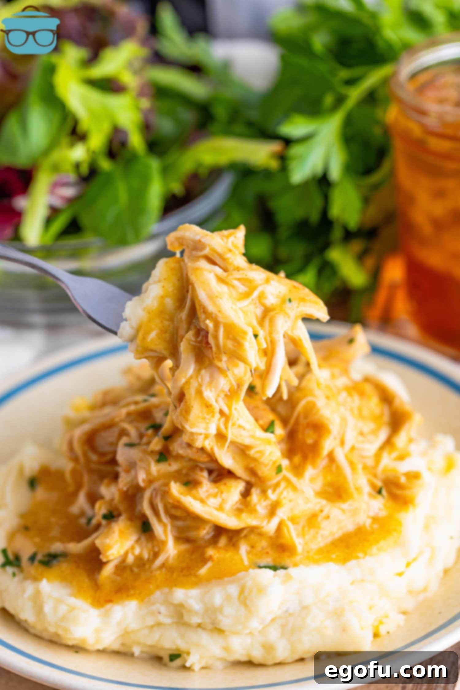 Date Night Slow Cooker Chicken and Gravy 2 A small pile of mashed potatoes with a scoop of Chicken and Gravy.