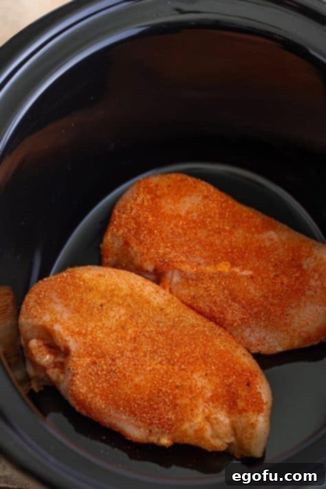 Date Night Slow Cooker Chicken and Gravy 11 Seasoned chicken on the bottom of a Slow Cooker.