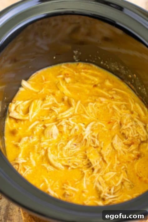 Date Night Slow Cooker Chicken and Gravy 15 Shredded chicken in a sauce in the crockpot.