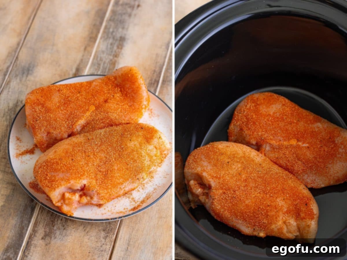 Date Night Slow Cooker Chicken and Gravy 5 Seasoned chicken on a plate and seasoned chicken in a Slow Cooker.