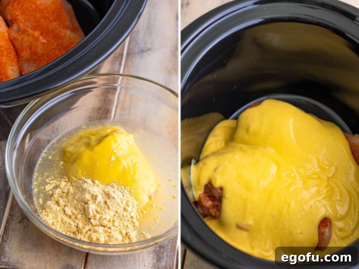 Date Night Slow Cooker Chicken and Gravy 6 A sauce mixture in a bowl and chicken with the sauce poured on it in the Crockpot.